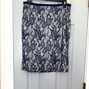 Vintage Navy Blue and Silver Lace Pencil Skirt